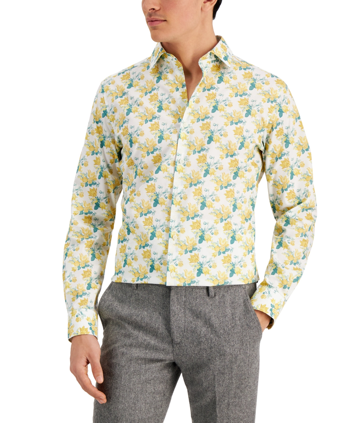 slim fit dress slacks Bar Iii Men's Slim Fit Watercolor Floral Dress Shirt White Yellow Gree –  Bristol Apparel Co
