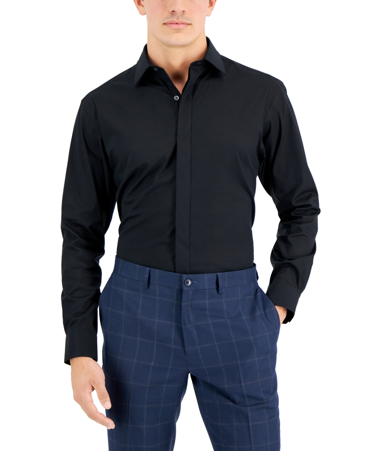 Alfani Mens Regular fit Dress Shirt Large 16-16.5 32-33 Black Solid