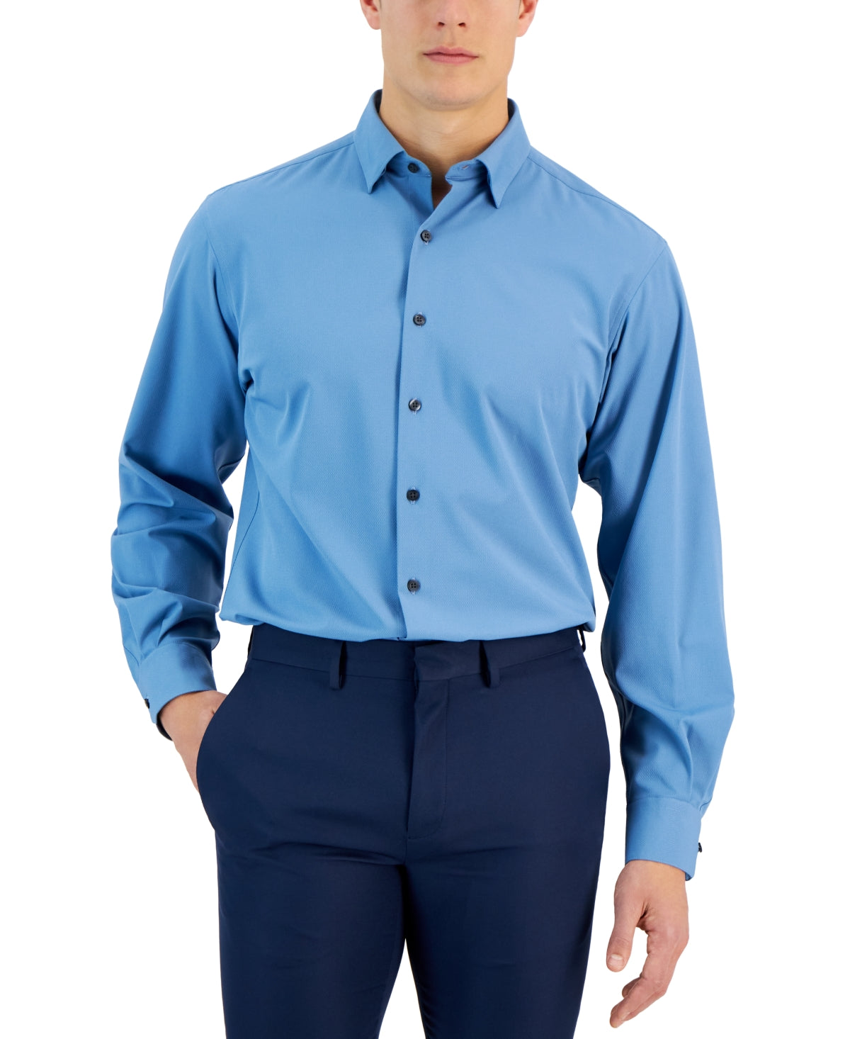 Alfani Mens Regular Fit Travel Knit Button Down Shirt Blue 14