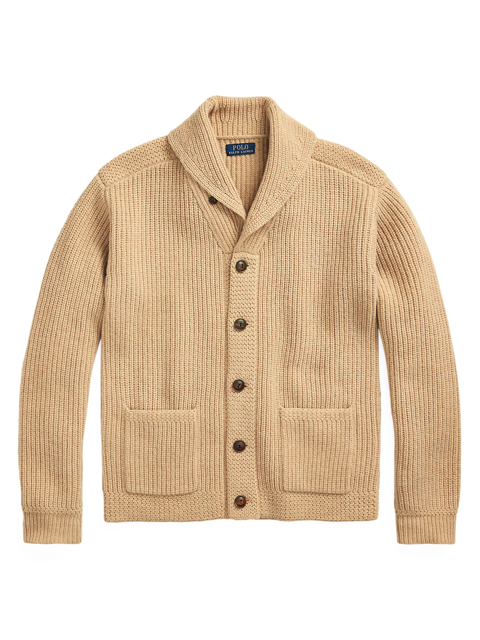 Polo Ralph Lauren Mens Wool-Cashmere Shawl Cardigan Sweater Camel Brown Medium