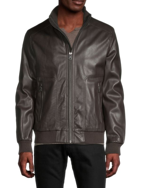 Calvin Klein Men's Faux Leather Bomber Jacket Coat Brown Medium