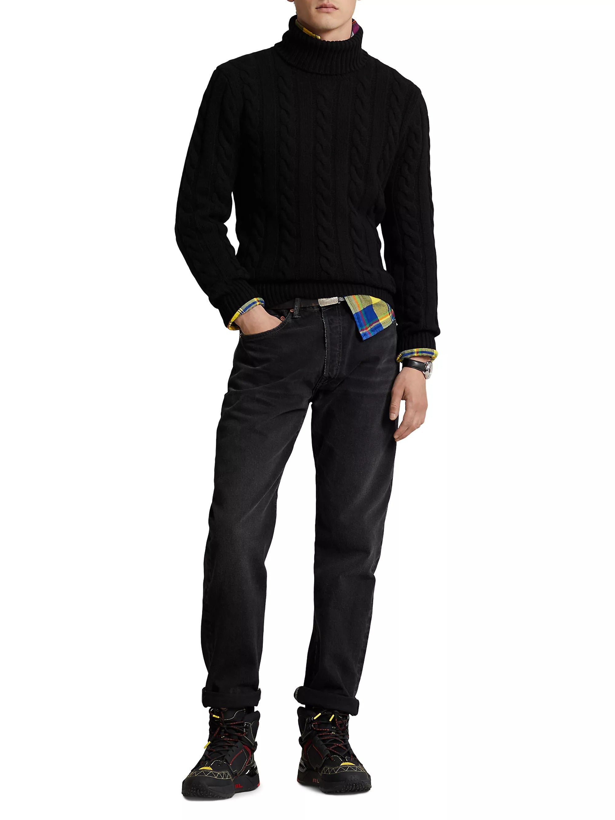 Polo Ralph Lauren Cable Knit Wool Cashmere Turtleneck Sweater Large Black