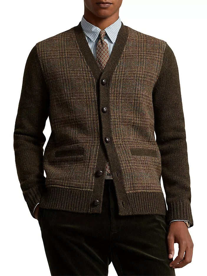 Polo Ralph Lauren Mens Glen Plaid Wool Cardigan Sweater Large Brown