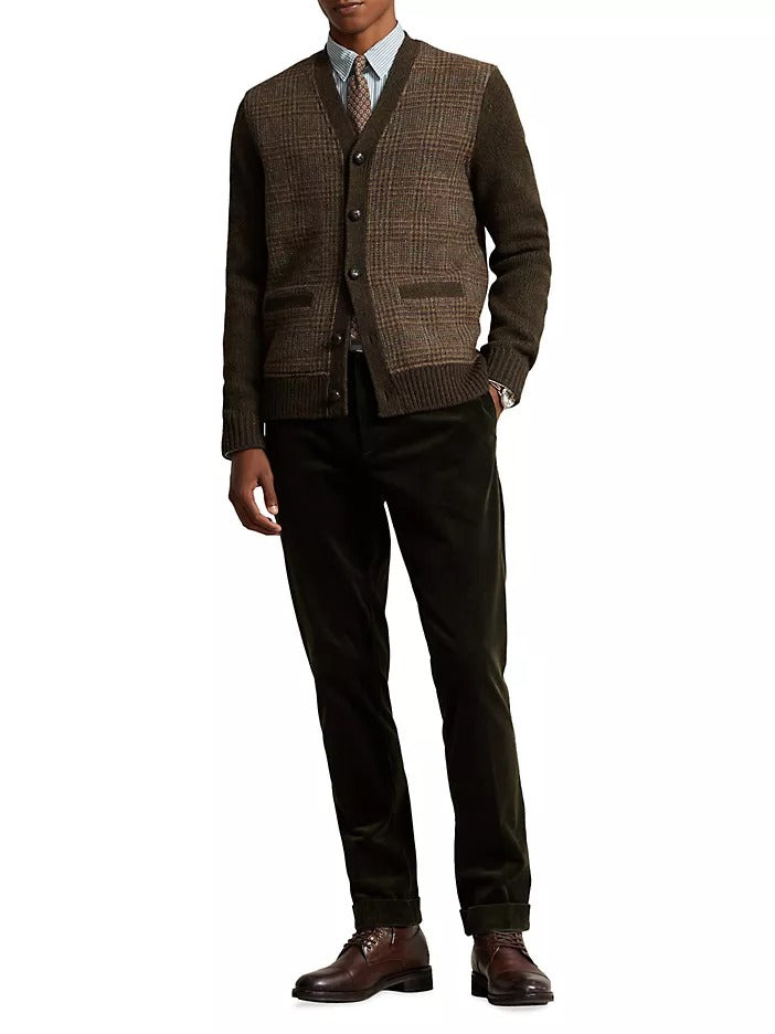 Polo Ralph Lauren Mens Glen Plaid Wool Cardigan Sweater Large Brown