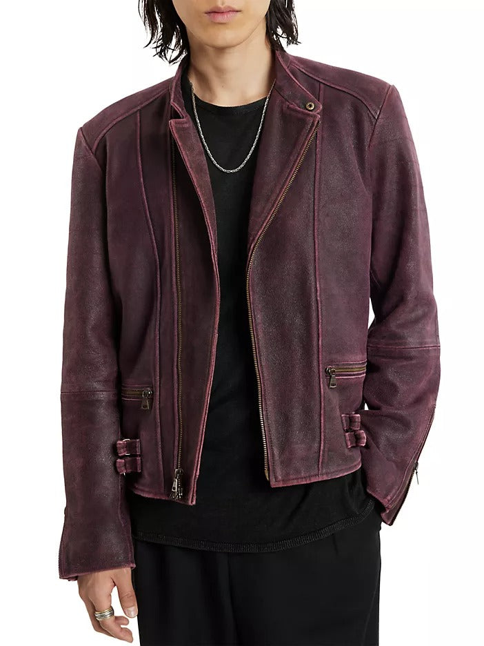 John Varvatos Sullivan Suede Leather Racer Jacket EU 52 US 42 Large Red Plum