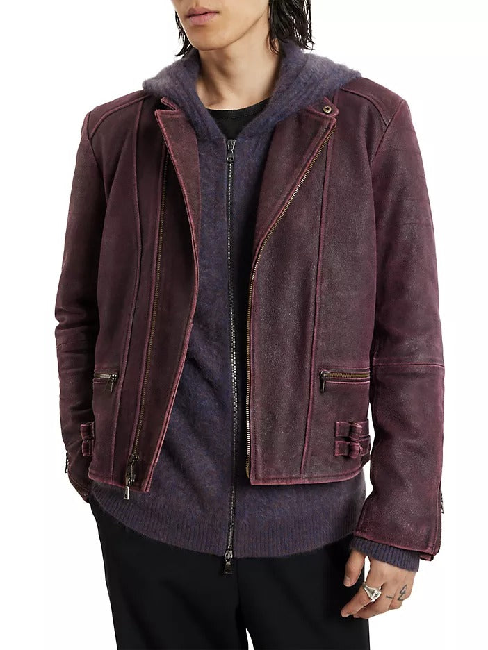 John Varvatos Sullivan Suede Leather Racer Jacket EU 52 US 42 Large Red Plum