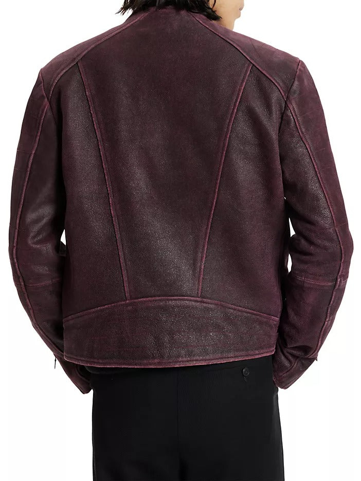 John Varvatos Sullivan Suede Leather Racer Jacket EU 52 US 42 Large Red Plum