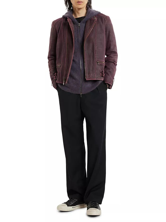 John Varvatos Sullivan Suede Leather Racer Jacket EU 52 US 42 Large Red Plum