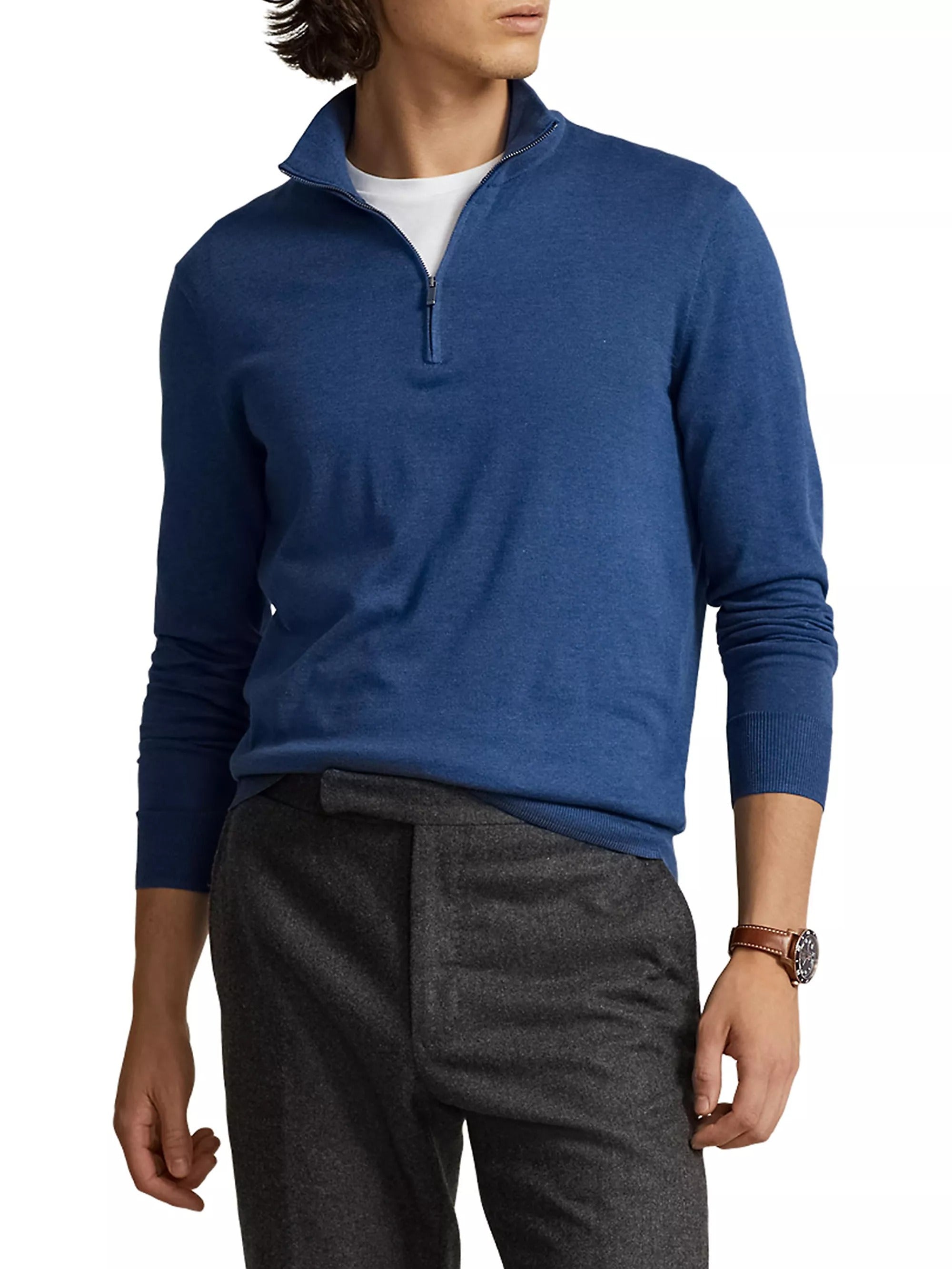 Polo Ralph Lauren Cotton Regular Fit Quarter Zip Mock Neck Sweater Small Blue