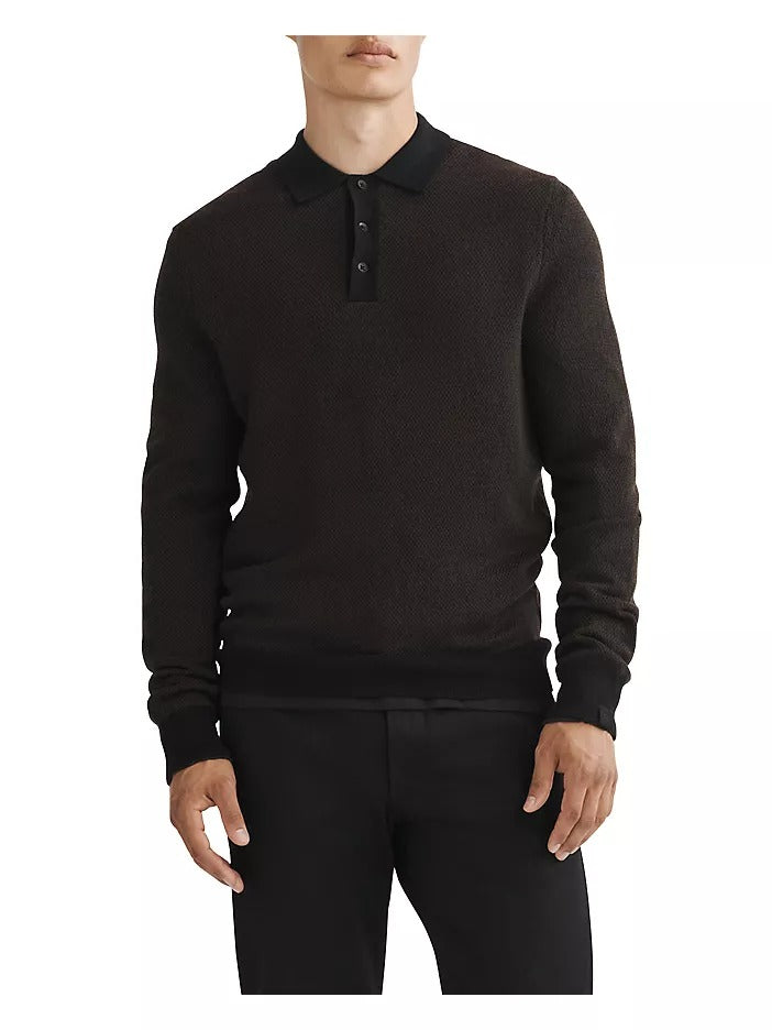 Rag & Bone Mens Harrow Long Sleeve Polo Shirt Large Brown Black