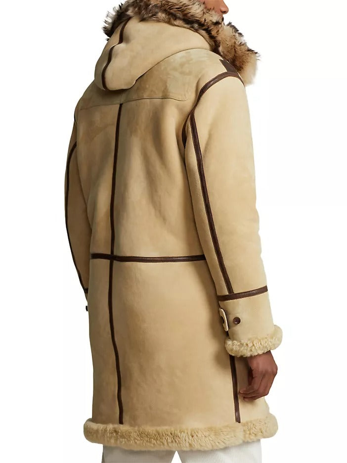 Polo Ralph Lauren Men's Leather Shearling Toggle Coat XL Vintage Cream