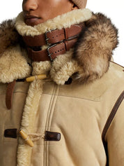 Polo Ralph Lauren Men's Leather Shearling Toggle Coat Medium Vintage Cream