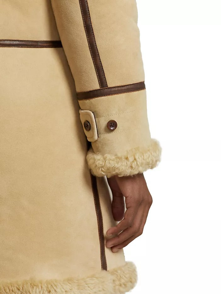 Polo Ralph Lauren Men's Leather Shearling Toggle Coat Medium Vintage Cream