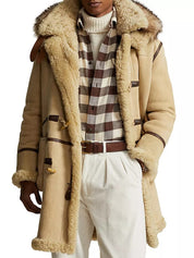 Polo Ralph Lauren Men's Leather Shearling Toggle Coat Medium Vintage Cream