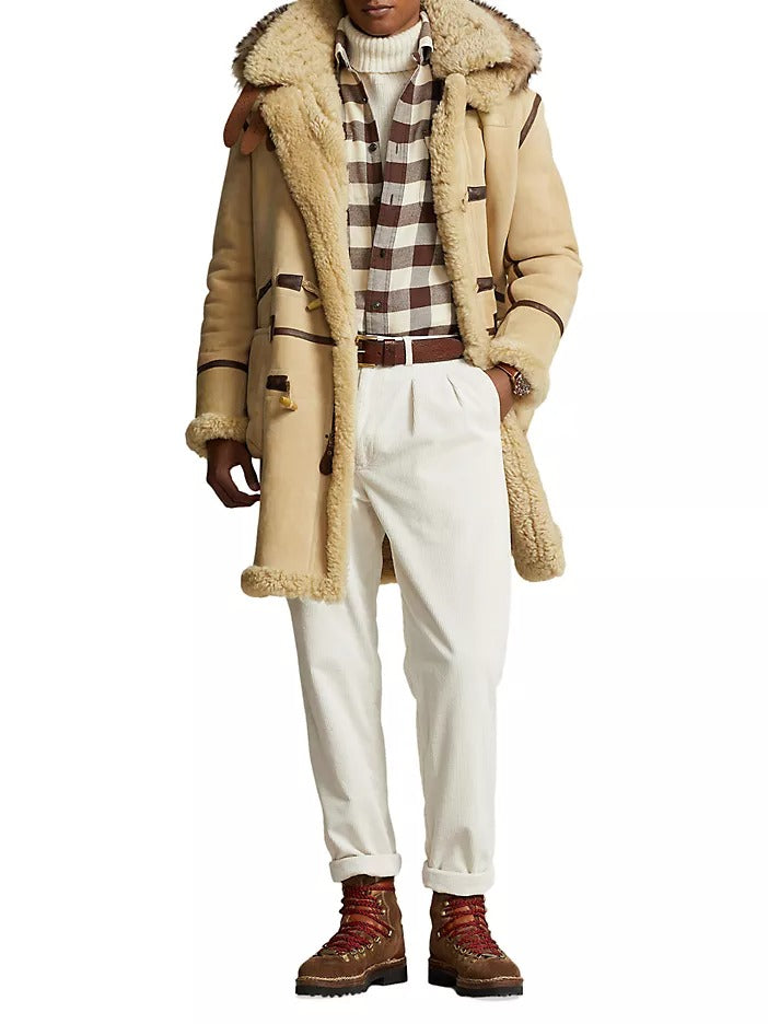 Polo Ralph Lauren Men's Leather Shearling Toggle Coat XL Vintage Cream