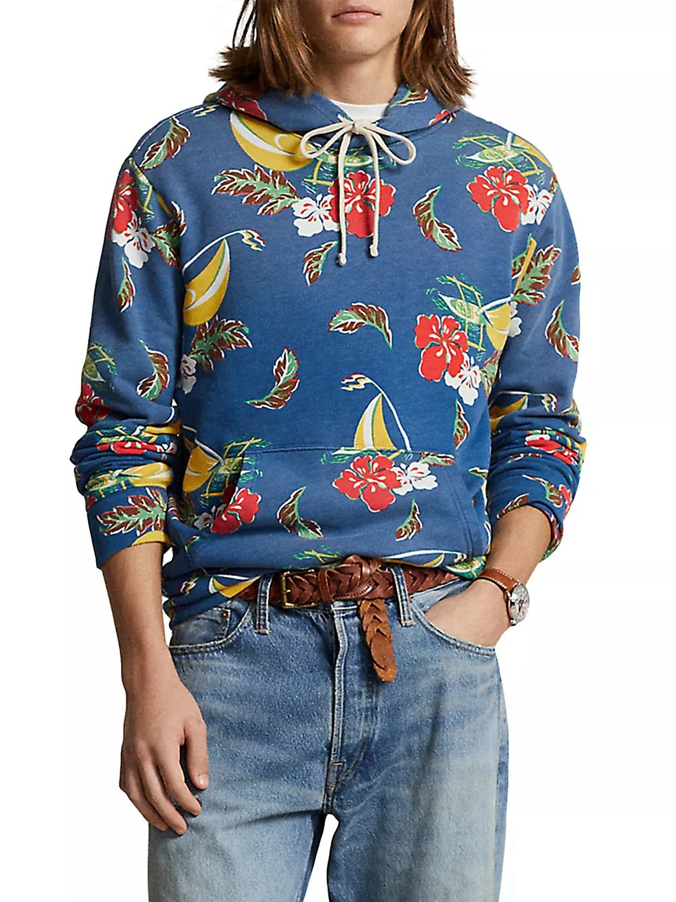 Polo Ralph Lauren Mens Hawaiian Graphic Hoodie Sweatshirt Blue Multi Large