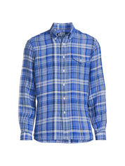 Polo Ralph Lauren  Mens Plaid Long Sleeve Linen Button Down Shirt Blue Small