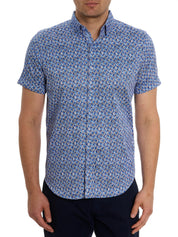 Robert Graham Mens Wade Abstract Cotton Short Sleeve Button Shirt XL Blue
