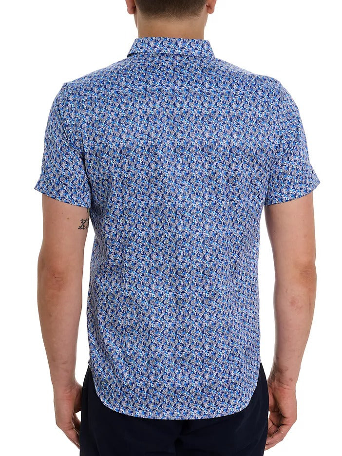 Robert Graham Mens Wade Abstract Cotton Short Sleeve Button Shirt XL Blue