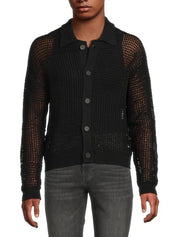Frame Mens Loose fit Long Sleeve Button-Up Crochet Sweater Medium Collared Black