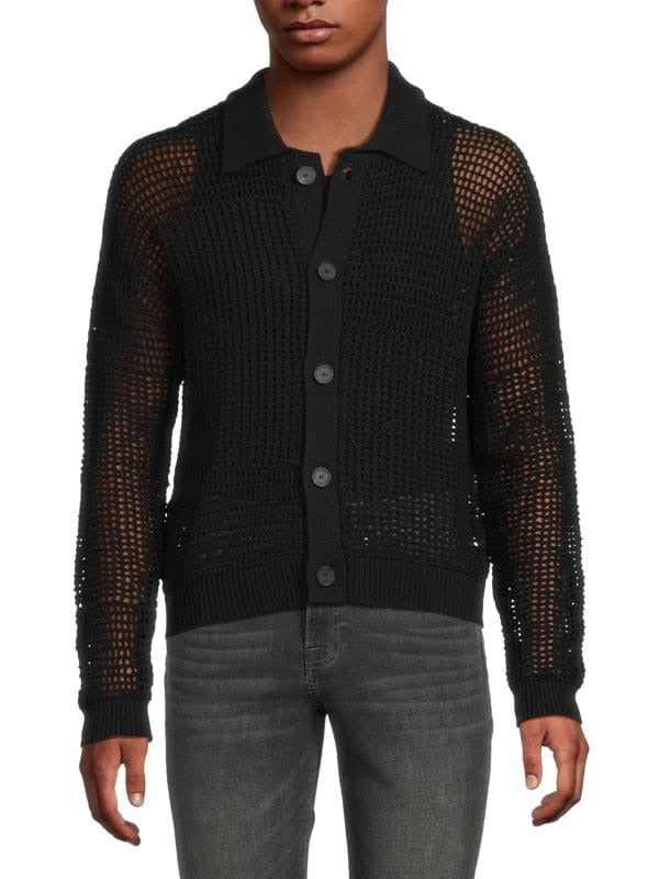 Frame Mens Loose fit Long Sleeve Button-Up Crochet Sweater Medium Collared Black