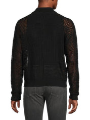 Frame Mens Loose fit Long Sleeve Button-Up Crochet Sweater Medium Collared Black