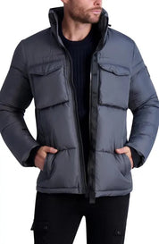 Karl Lagerfeld Paris Men's Hidden Hood Faux Down Jacket Grey Medium