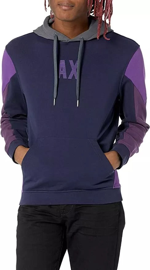 Armani Exchange Mens Colorblocked Logo-Print Hoodie Sweatshirt Purple Blue XL