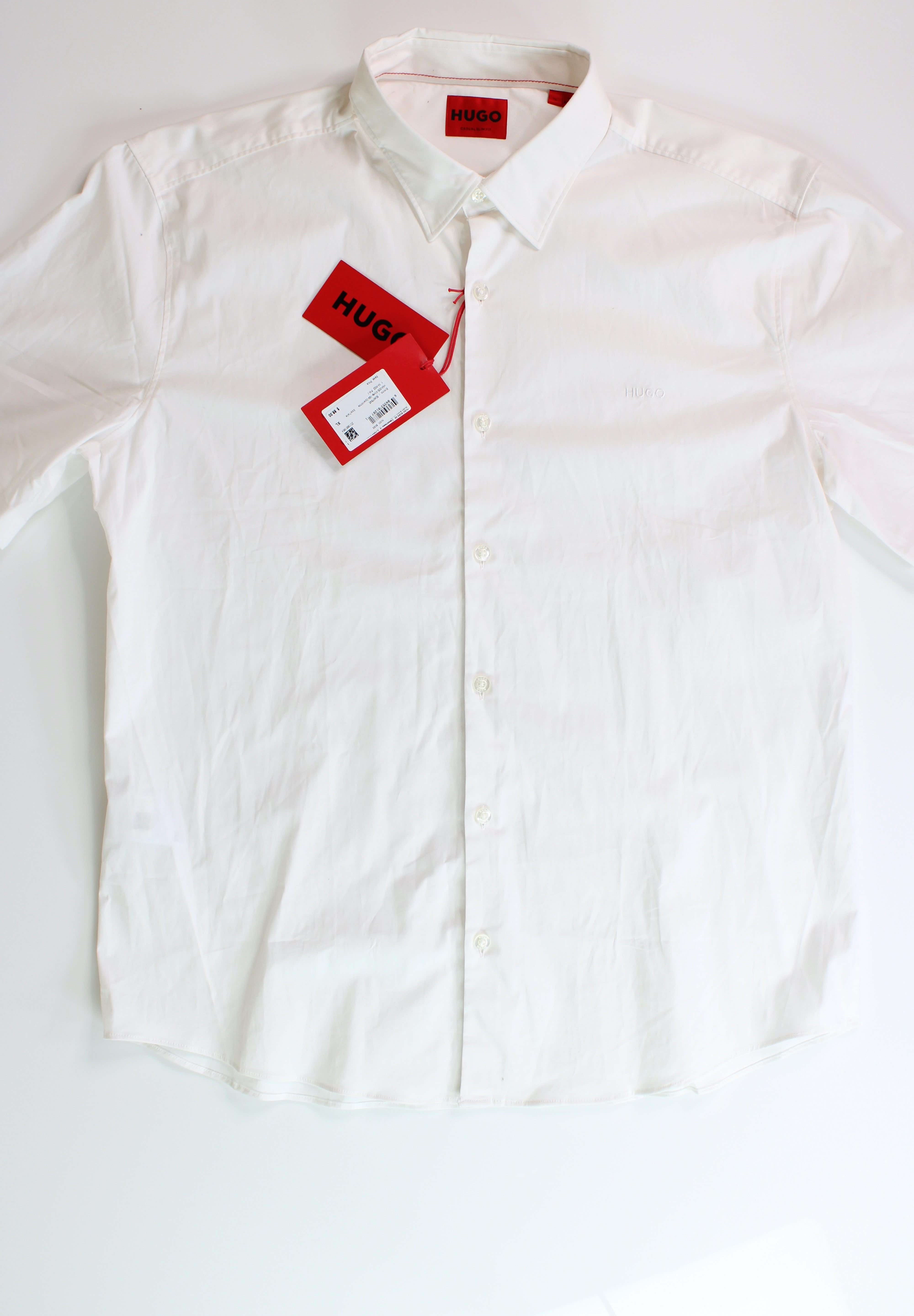 HUGO BOSS Mens Slim-Fit Tonal Embroider Button Short Sleeve Shirt XL White