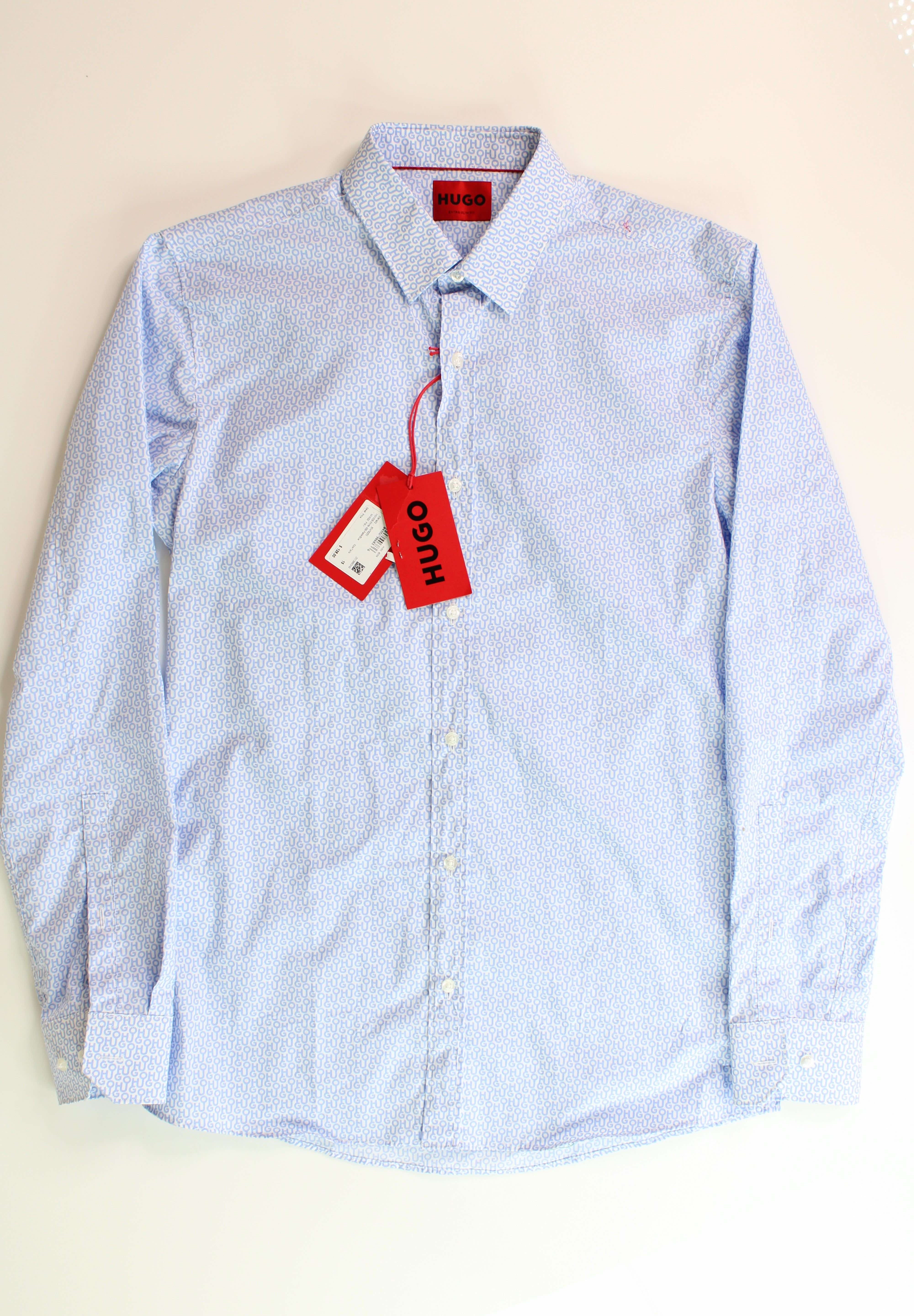 HUGO BOSS Mens Elisha Extra Slim Fit Allover Logo Print Dress Shirt Size 38 / 15