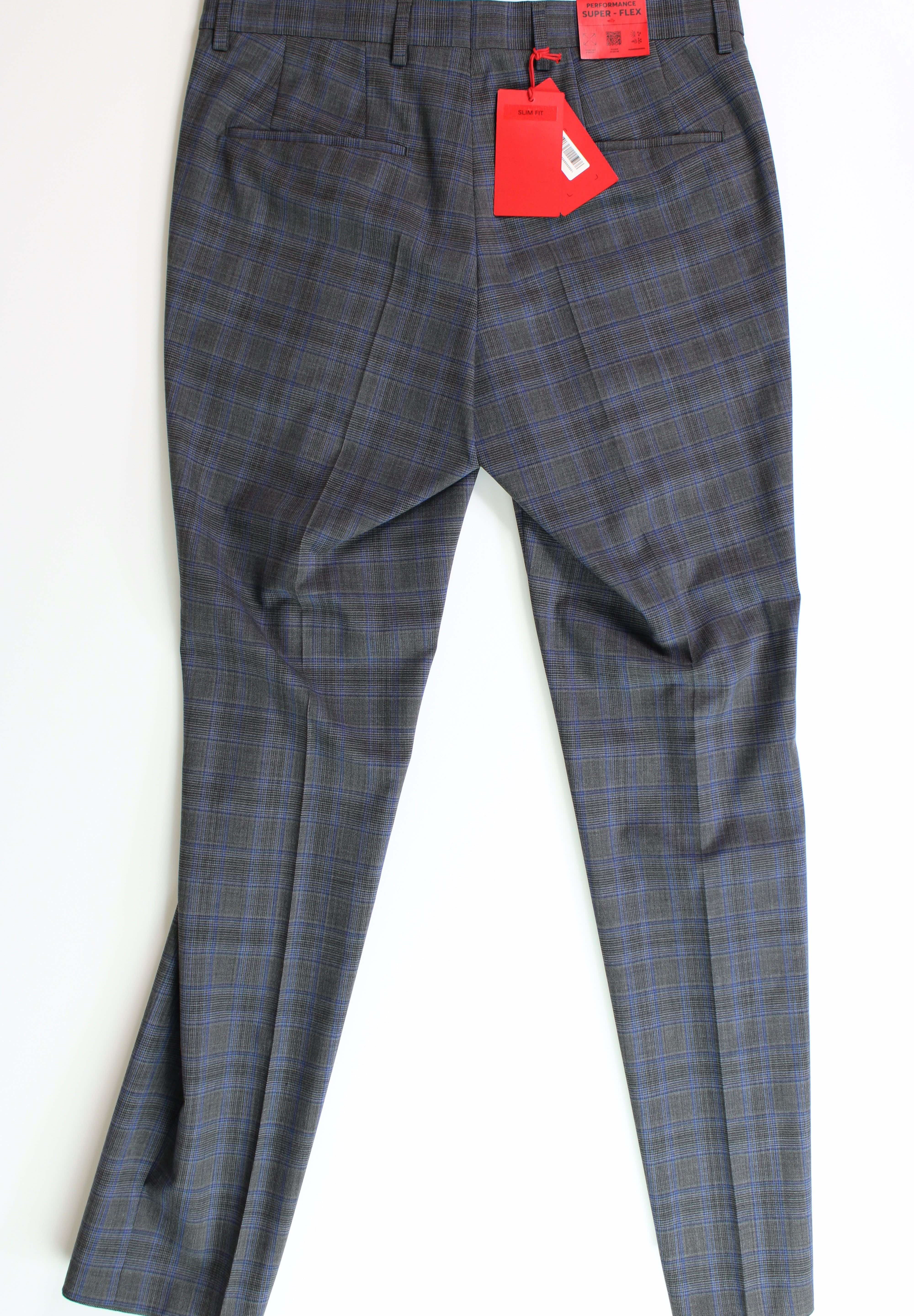 HUGO Mens Slim-Fit Suit Dress Pants Plaid Grey 30 x 32