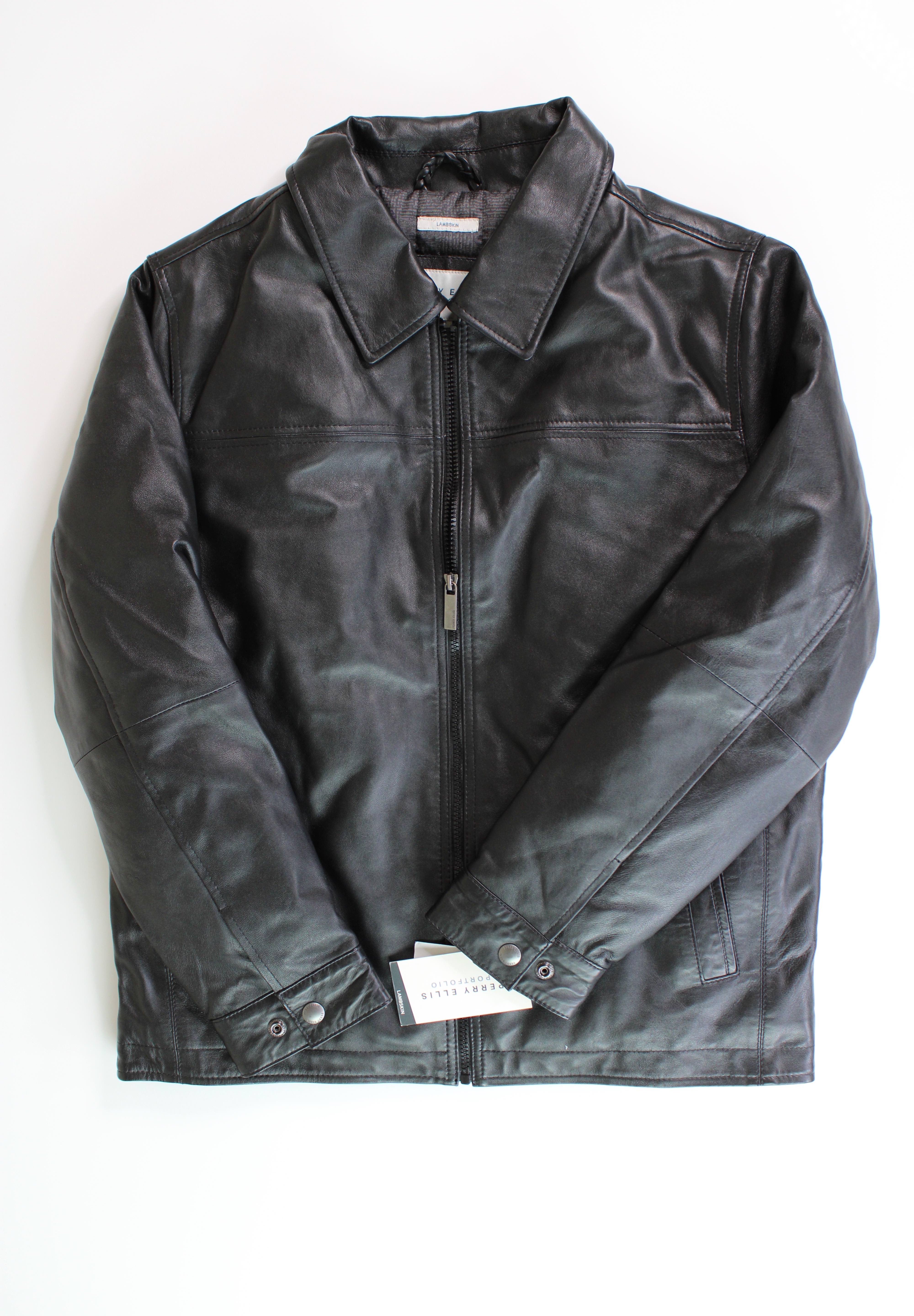 Perry Ellis Men's Classic Leather Jacket  Black Size Medium