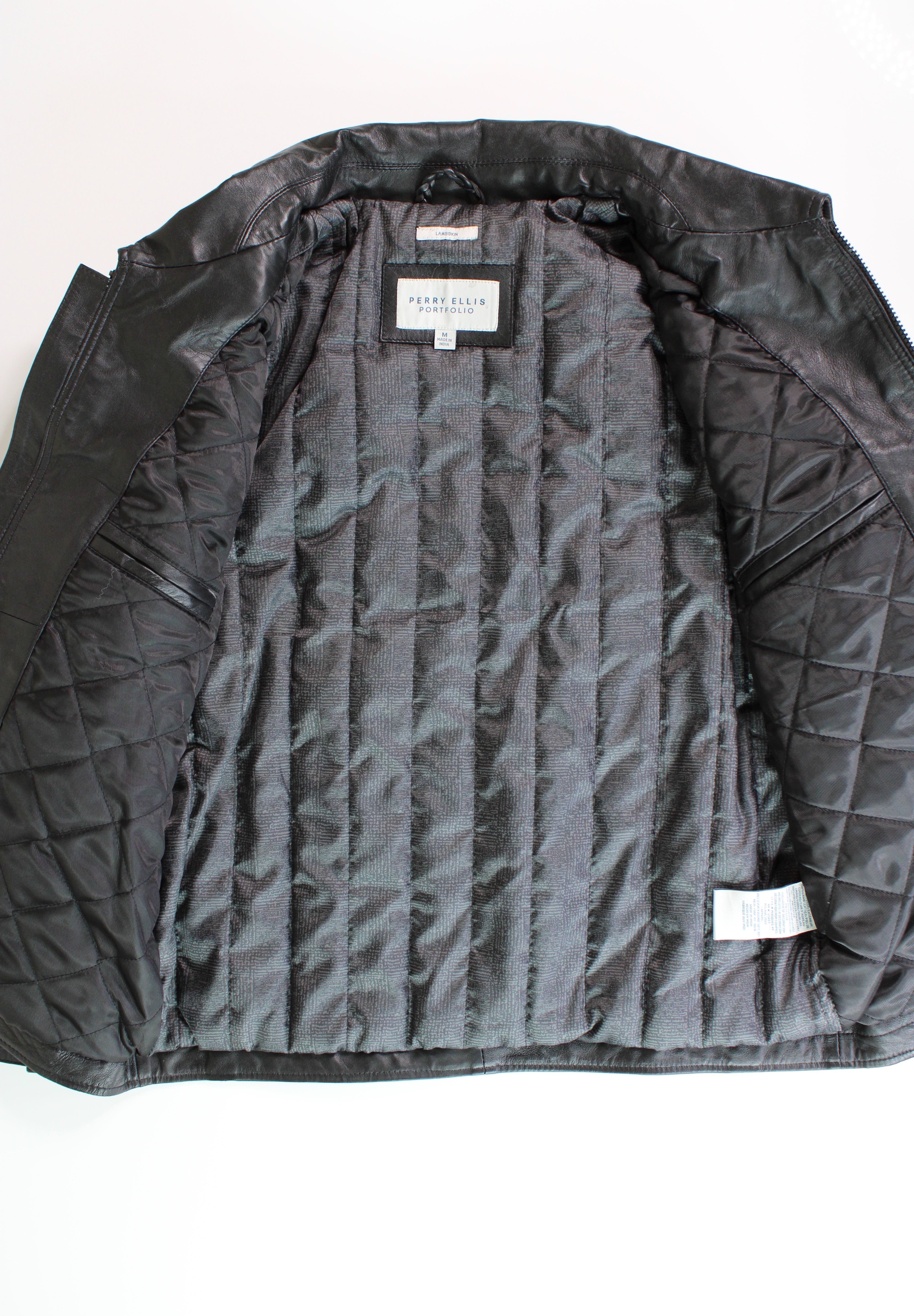 Perry Ellis Men's Black Leather Jacket 2XL XXL Full Zip Soft!