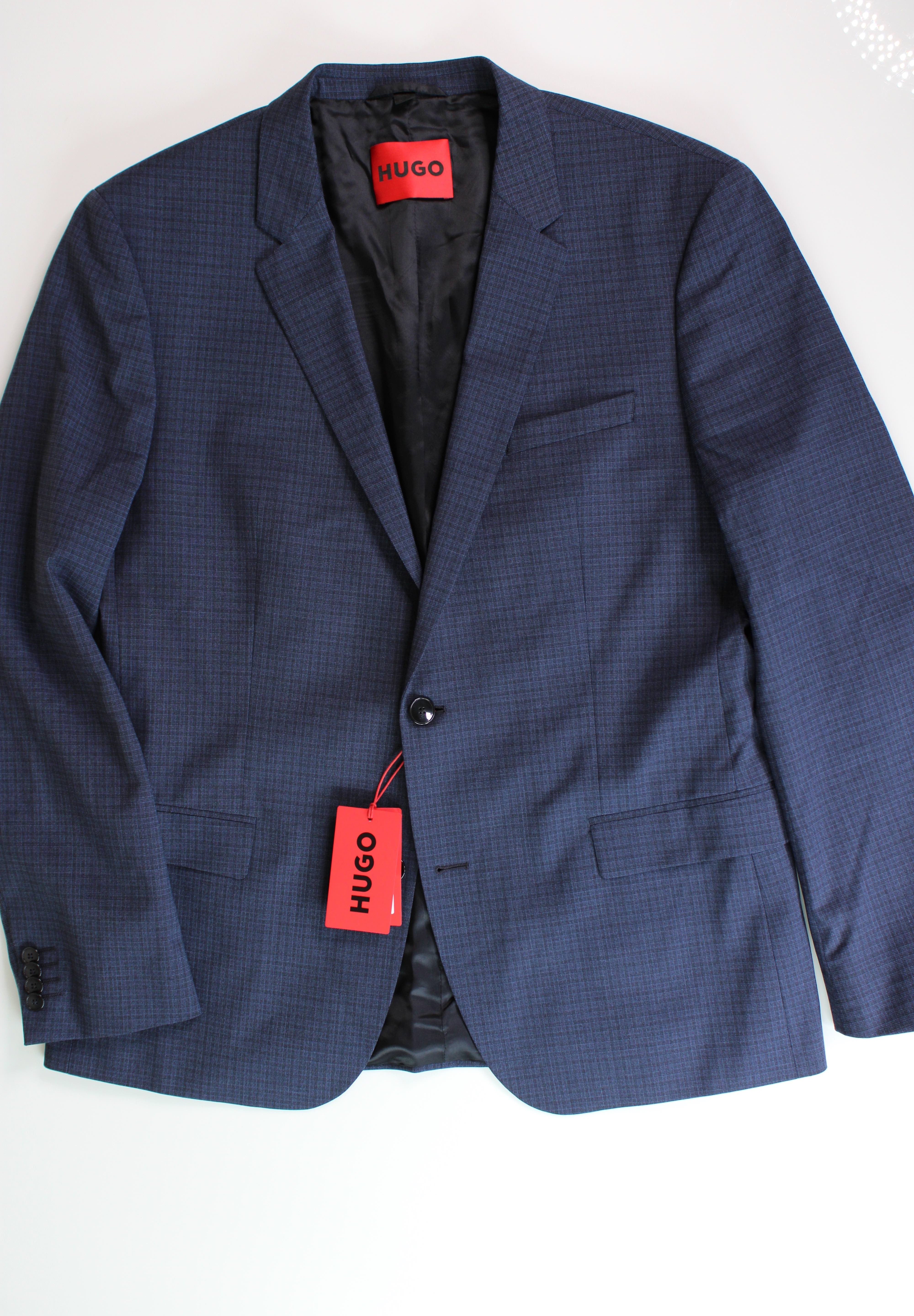HUGO Boss Mens Henry Slim Fit Plaid Sportcoat 44R Navy Blue