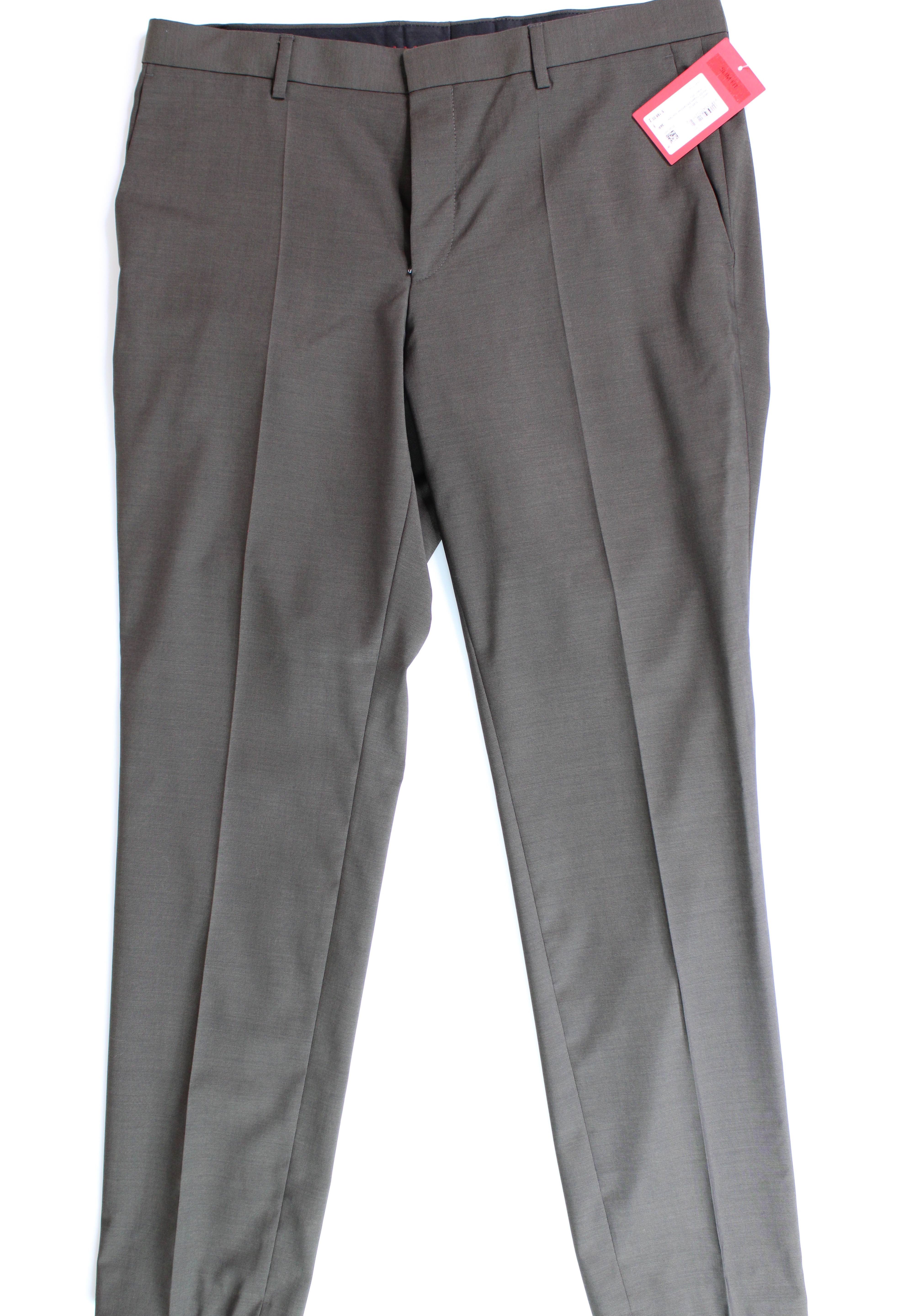 HUGO Boss Mens Slim-Fit Olive Green Wool Dress Pants 34 x 32