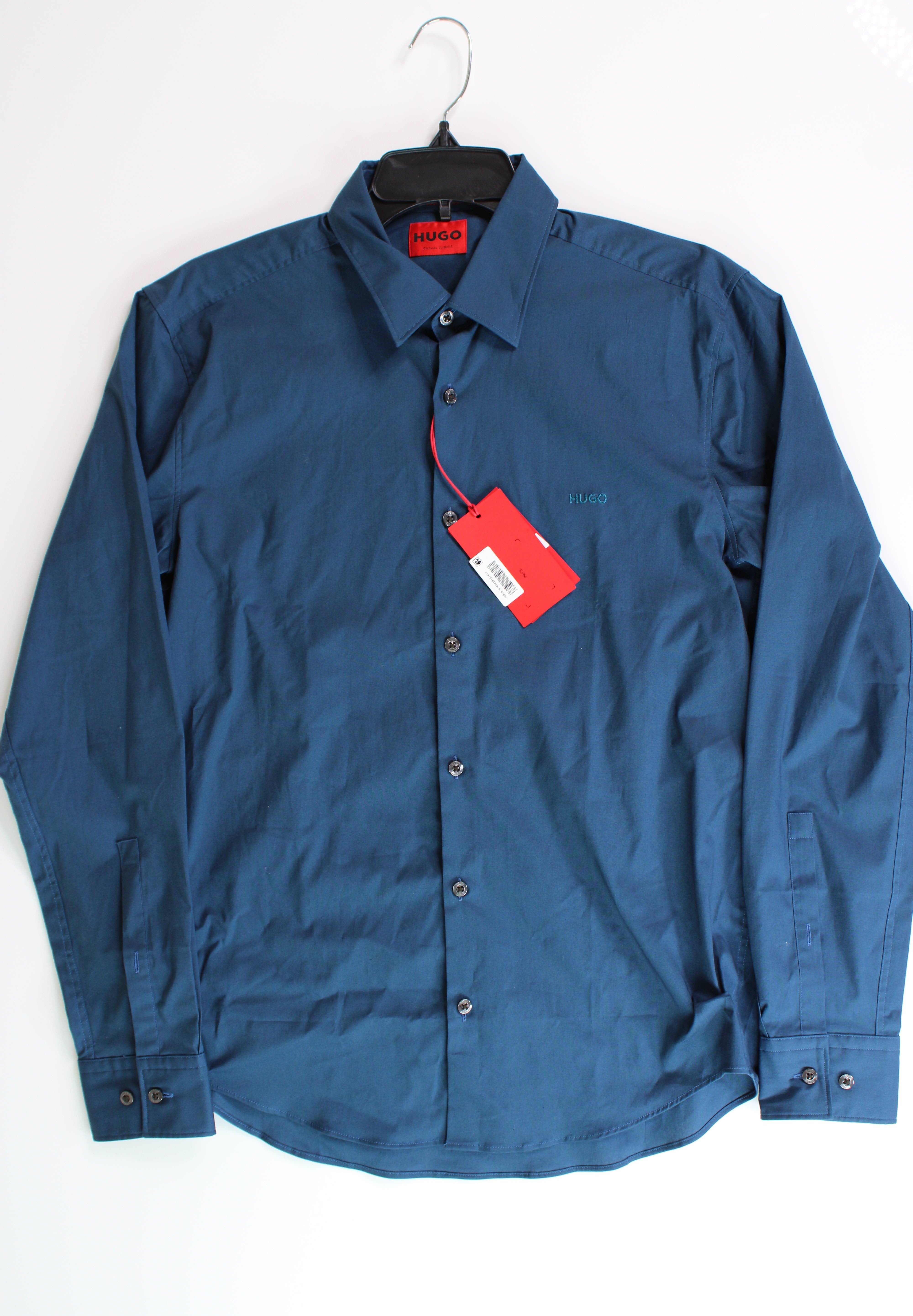 Hugo Boss Mens Logo Slim Fit Button down Shirt Dark Blue Medium