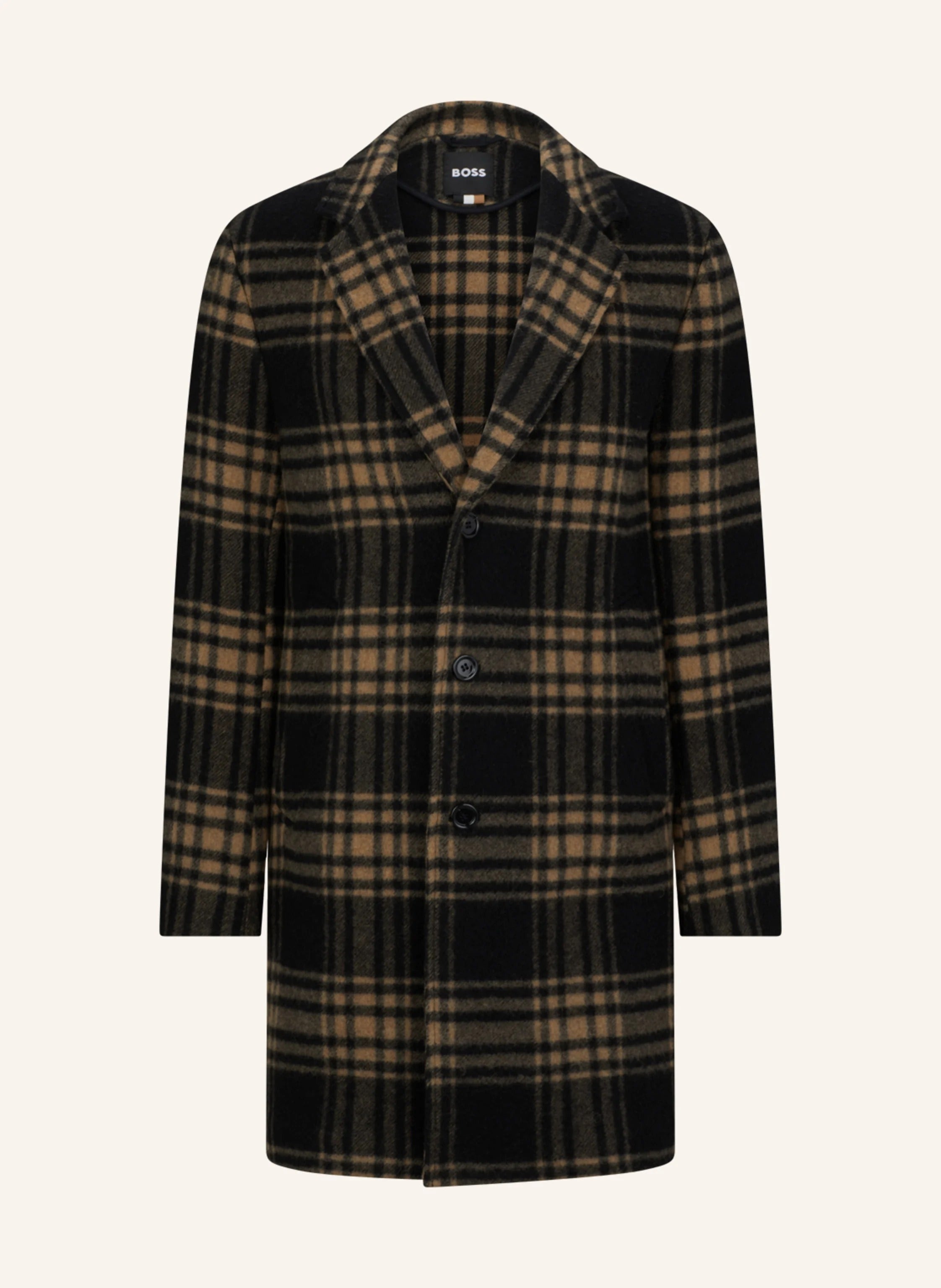 Hugo Boss Mens Cam Check Relaxed Fit Wool Over Coat 42R / Dark Green Brown