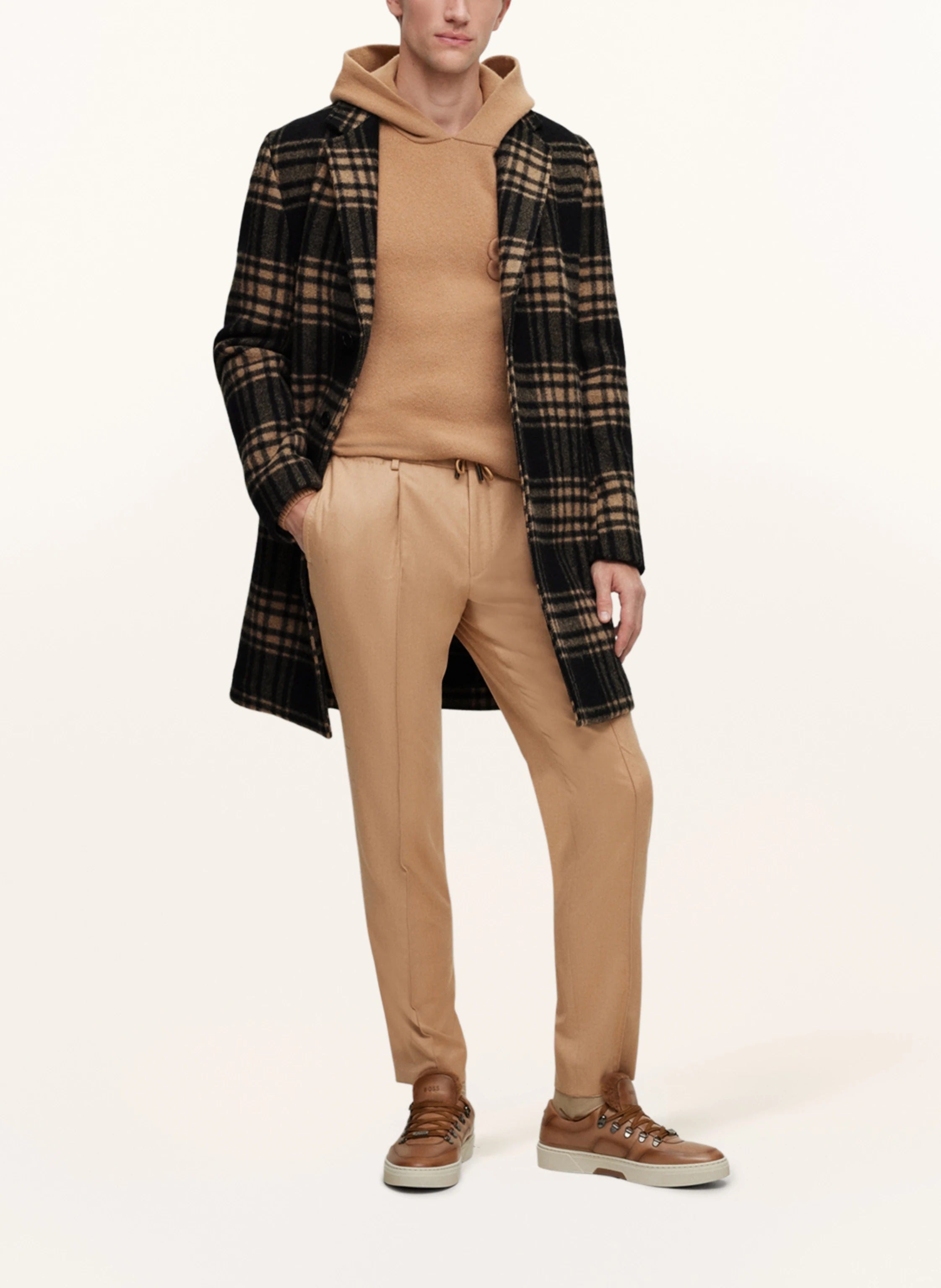 Hugo Boss Mens Cam Check Relaxed Fit Wool Over Coat 42R / Dark Green Brown