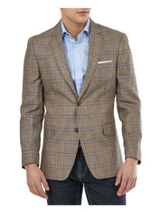Tommy Hilfiger Men's Modern-Fit Linen Plaid Blazer 44L Tan Blue Sport Coat