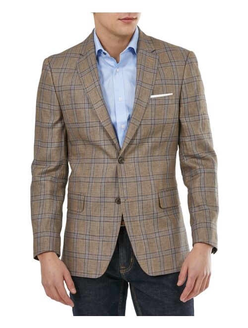 Tommy Hilfiger Men's Modern-Fit Linen Plaid Blazer 44L Tan Blue Sport Coat