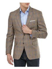 Tommy Hilfiger Men's Modern-Fit Linen Plaid Blazer 44L Tan Blue Sport Coat