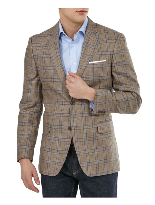 Tommy Hilfiger Men's Modern-Fit Linen Plaid Blazer 44L Tan Blue Sport Coat