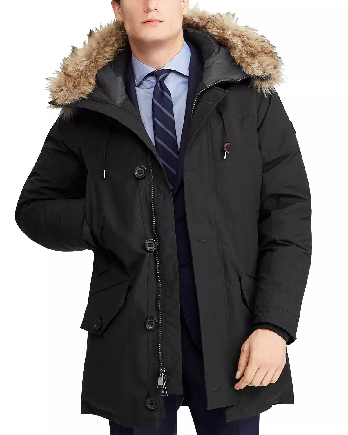 Polo Ralph Lauren Mens Faux Fur Trim Down Parka Coat Medium Black