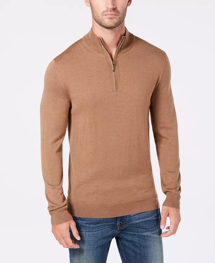 Club Room Men's Regular Fit Quarter Zip Sweater Light Brown Merino Wool XL