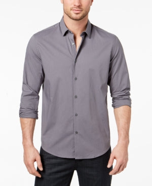 Alfani Mens Modern Solid Button Down Shirt Grey Large