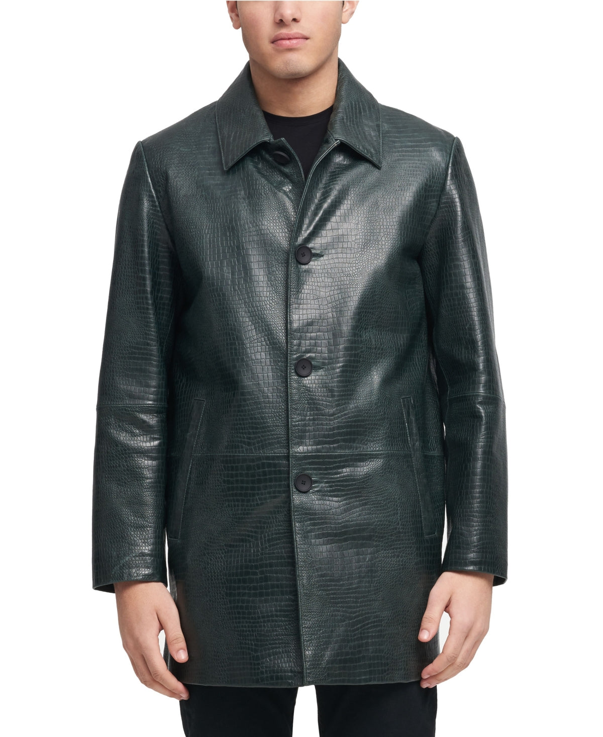 DKNY Mens Regular Fit Crocodile Imprint Walking Coat Jacket Green Small
