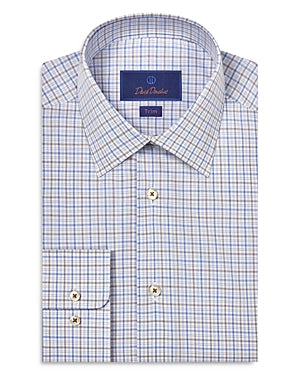 David Donahue Mens Poplin Check Trim Fit Dress Shirt Blue White 16 34 35