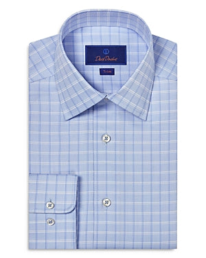 David Donahue Mens Trim fit Long Sleeve Button-Up Shirt Medium Light Blue Check