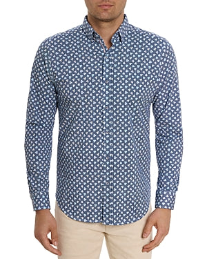 Robert Graham Mens Slim Senan Knit Button Down Shirt Blue Large