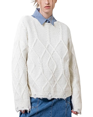 Moon River Womens Cable Knit Destroyed ed Sweater XS / Small White